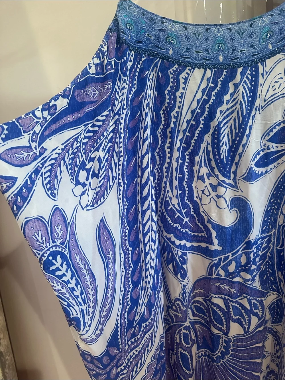 Camilla Blue Paisley kaftan 100% silk with Swarovski beads. Celebrity worn